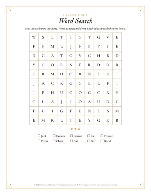 Little Jack Horner word search worksheet for kindergarten