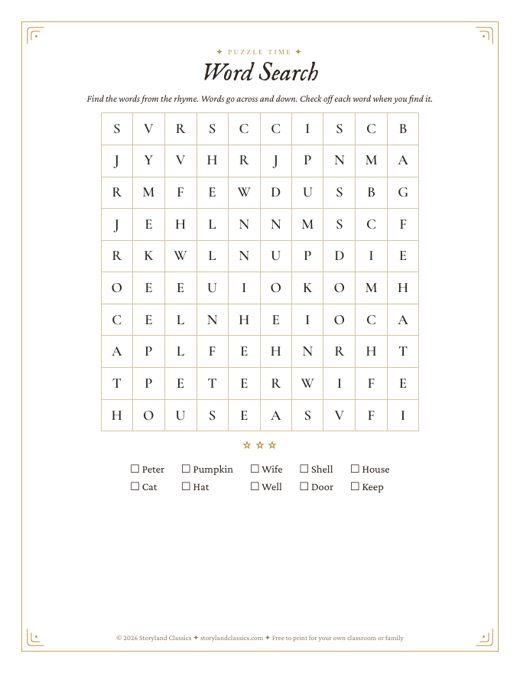 Peter, Peter, Pumpkin Eater word search worksheet for kindergarten