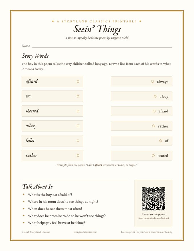 Page one of the free Seein’ Things printable: a word-matching activity and discussion questions