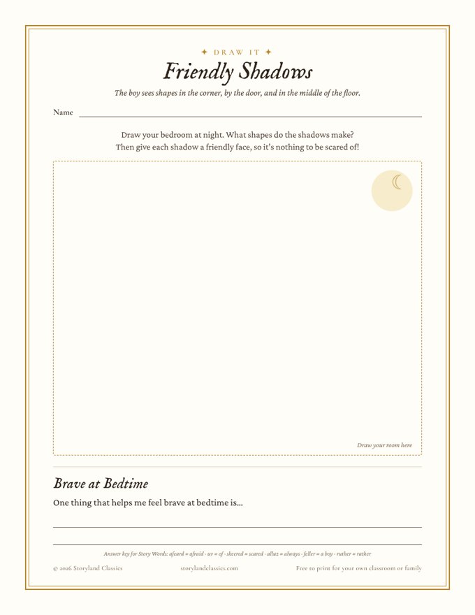 Page two of the free Seein’ Things printable: a Friendly Shadows drawing page